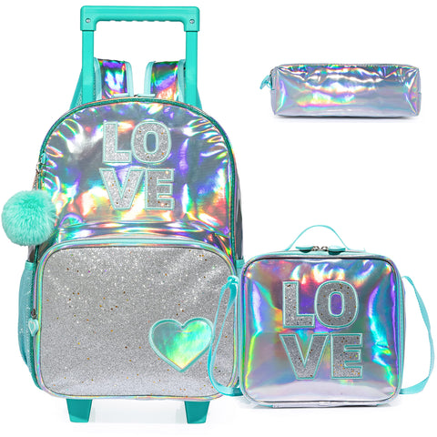 Egchescebo Kids Love Rolling Roller Backpack for Girls 3Pcs Girl Childrens Kid Suitcases Luggage Lunch Box with Wheels School Bags 16Ã¢â‚¬Å“ Kids Wheeled Backpack Green Trolley School Bag