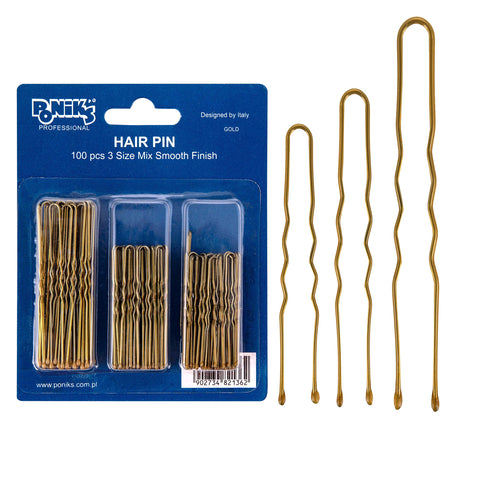 Ponik's 100 Metal Hair Pins 3 Sizes - Bobby Pins U Shape - Gold