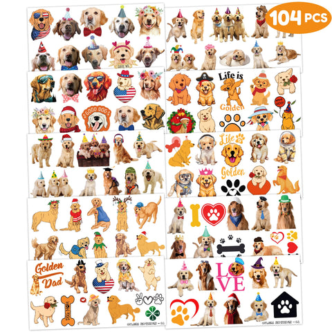 Golden Retriever Temporary Tattoos - 100 PCS Funny Cute Dog Themed Stickers for Kids Birthday Party Supplies, Decorations, Favors and Prizes - Cute Gifts for Boys and Girls