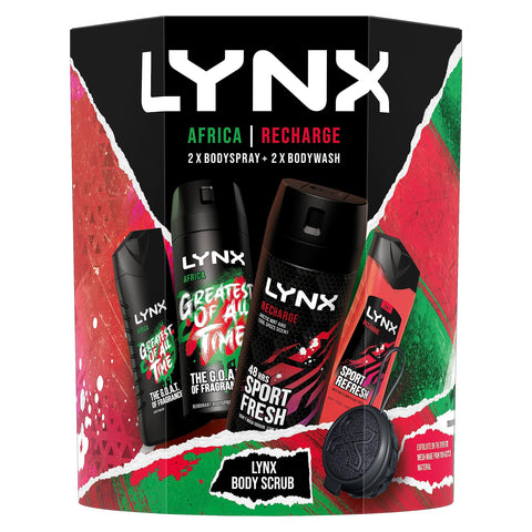 LYNX Recharge and Africa Bumper Pack Body Spray Gift Set Shower Tool, 2x Body Wash, 2x Deodorant perfect gifts for him 4 piece