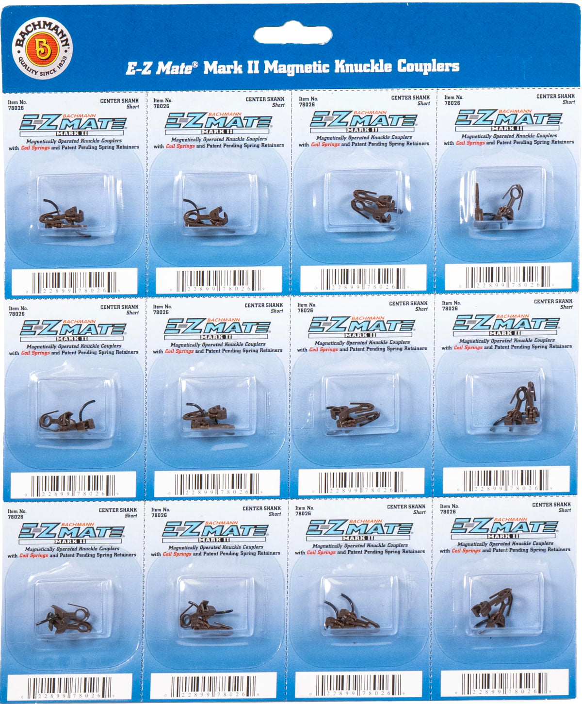 Bachmann Trains - E-Z MATE MARK II COUPLERS - MAGNETIC KNUCKLE COUPLERS with METAL COIL SPRING - CENTER SHANK - SHORT (12 pair/card) - HO Scale