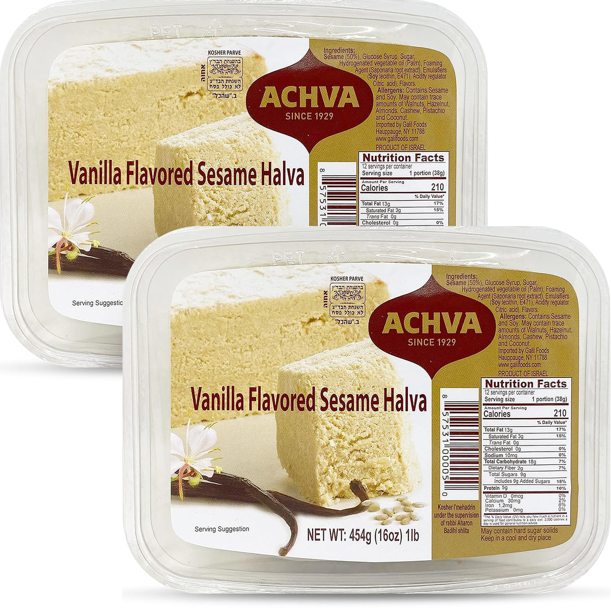 Achva Halva Vanilla - Authentic and Delicious Halvah Halwa - Natural Source of Protein - Vegan & Kosher Healthy Snacks - Halvas 2-Pack (450g per Tub)
