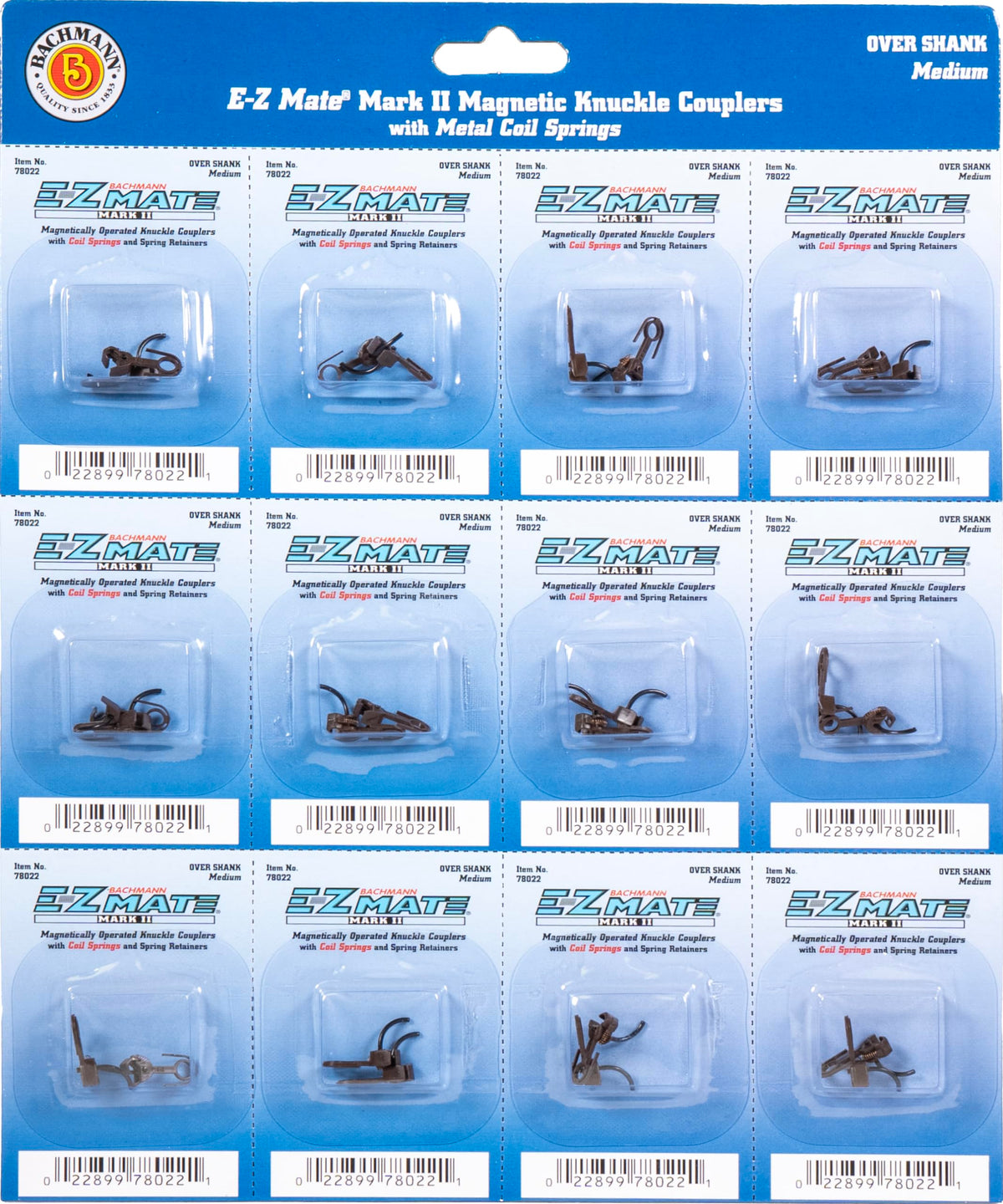 Bachmann Trains - E-Z MATE MARK II COUPLERS - MAGNETIC KNUCKLE COUPLERS with METAL COIL SPRING - OVER SHANK - MEDIUM (12 pair/card) - HO Scale