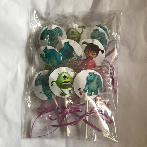 Monsters Inc Party Favors Supplies Decorations Movie Lollipops w/ Lavender Bow Ribbons Party Favors -12 pcs, Sully, Mike, Boo