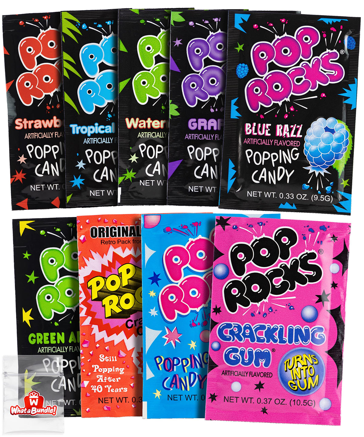 Pop Rocks Candy Variety Pack (9 Pack - 1 of All 9 Flavors) - Nostalgic 90s Old School Popping Candy for Parties - Bundle with WhataBundle! Pocket Bag