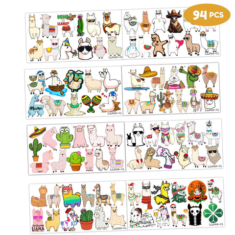 94PCS Llama Temporary Tattoos Themed Mexican Fiesta Birthday Party Decorations Supplies Favors Decor Cactus Alpaca Tattoo Stickers for Kids Girls Boys Cute Gifts School Prizes Rewards