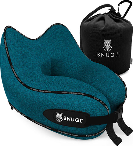 SNUGL Travel Pillow - Memory Foam Neck Cushion - Flight Pillow | Support Neck Pillow for Travel | Travel Neck Pillow for Airplane with Carry Bag & Clip | Flying Travel Essentials (Teal - Regular)