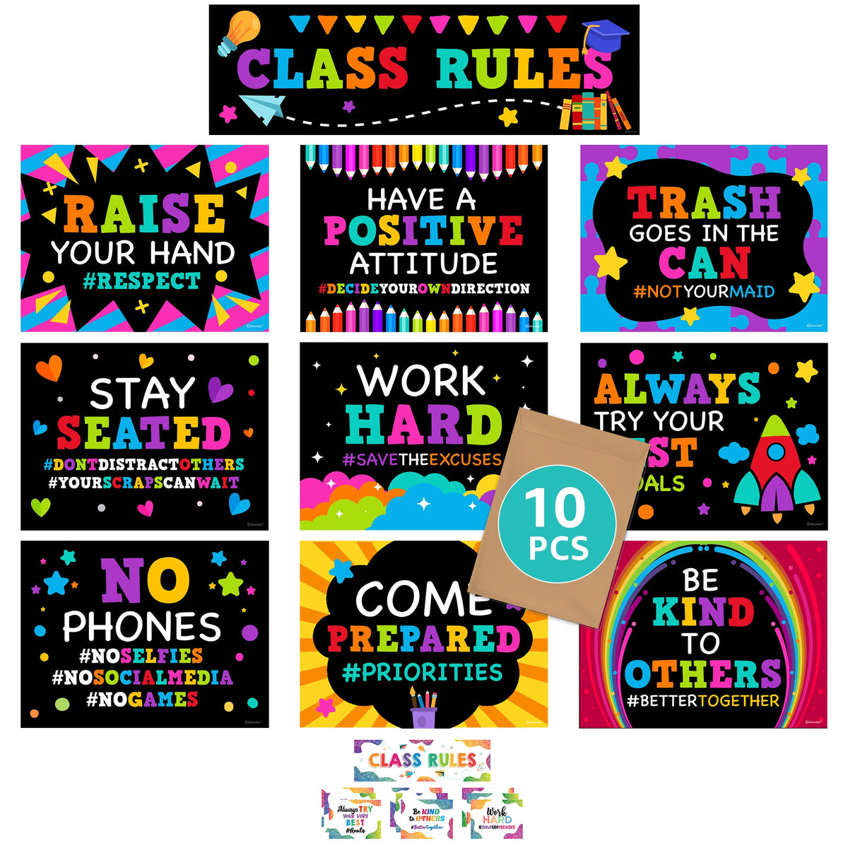 Decorably Class Rules Banner and Posters for Classroom, 10 Classroom Rules Poster Middle School, Class Rules Poster for Classroom, Rules for Classroom Rules Poster Elementary School