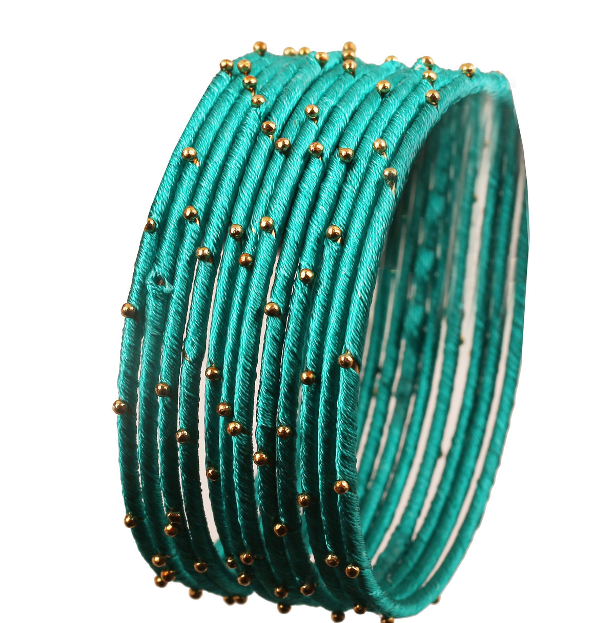 Touchstone Silk Thread Bangle Collection Indian Bollywood Handcrafted Faux Silk Thread Exotic Look Golden Beads Aqua Blue Designer Bangle Bracelets Set of 12 for Women.