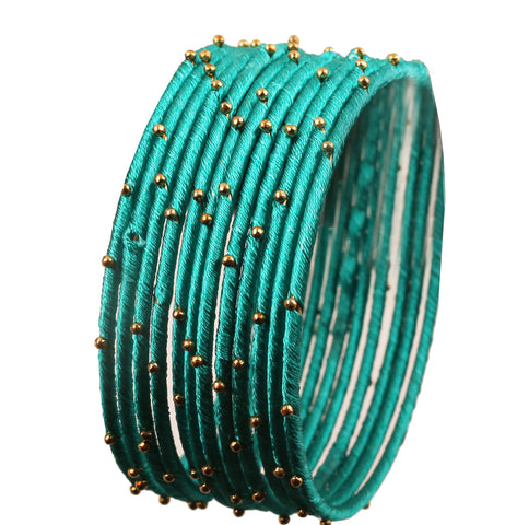 Touchstone Silk Thread Bangle Collection Indian Bollywood Handcrafted Faux Silk Thread Exotic Look Golden Beads Aqua Blue Designer Bangle Bracelets Set of 12 for Women.