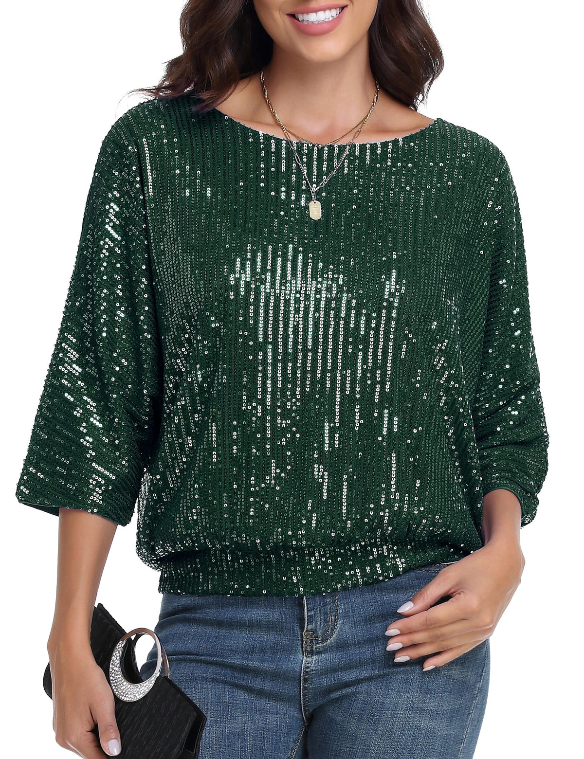 kayamiya Sparkly Tops for Women 3/4 Sleeve Shirts Glitter Sequin Party Blouse Embellished Tops Evening Wear Dark Green S