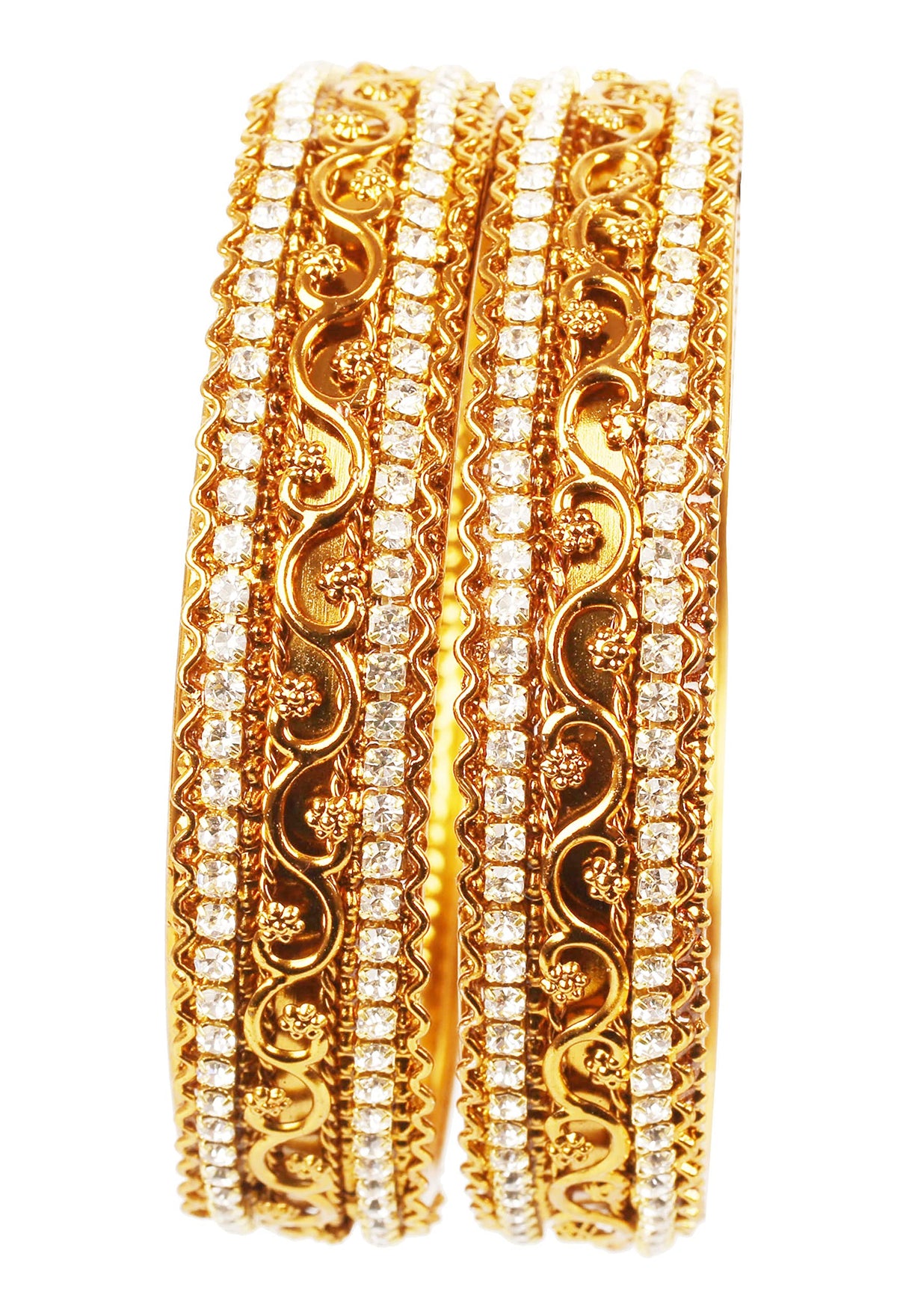 Touchstone NEW Golden Bangle Collection Indian Bollywood Rhinestone Zigzag Wired Designer Jewelry Thick Kada Bangle Bracelets. Set of 2 In Antique Gold Tone For Women