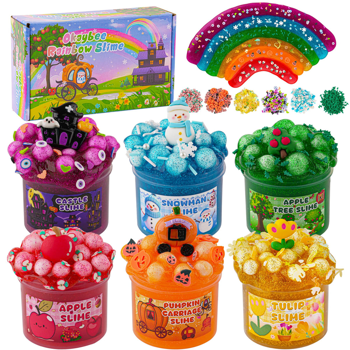 Okaybee 6 Pack Glitter Crunchy Slime Kit, Rainbow Slime for Kids, with Cute Slime Charms & Add-ins, Slime Party Favors Sensory Toys, Holiday Birthday Easter Hallowmas Christmas Girls Gift & Boys Gift