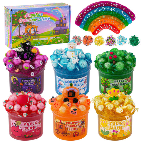 Okaybee 6 Pack Glitter Crunchy Slime Kit, Rainbow Slime for Kids, with Cute Slime Charms & Add-ins, Slime Party Favors Sensory Toys, Holiday Birthday Easter Hallowmas Christmas Girls Gift & Boys Gift