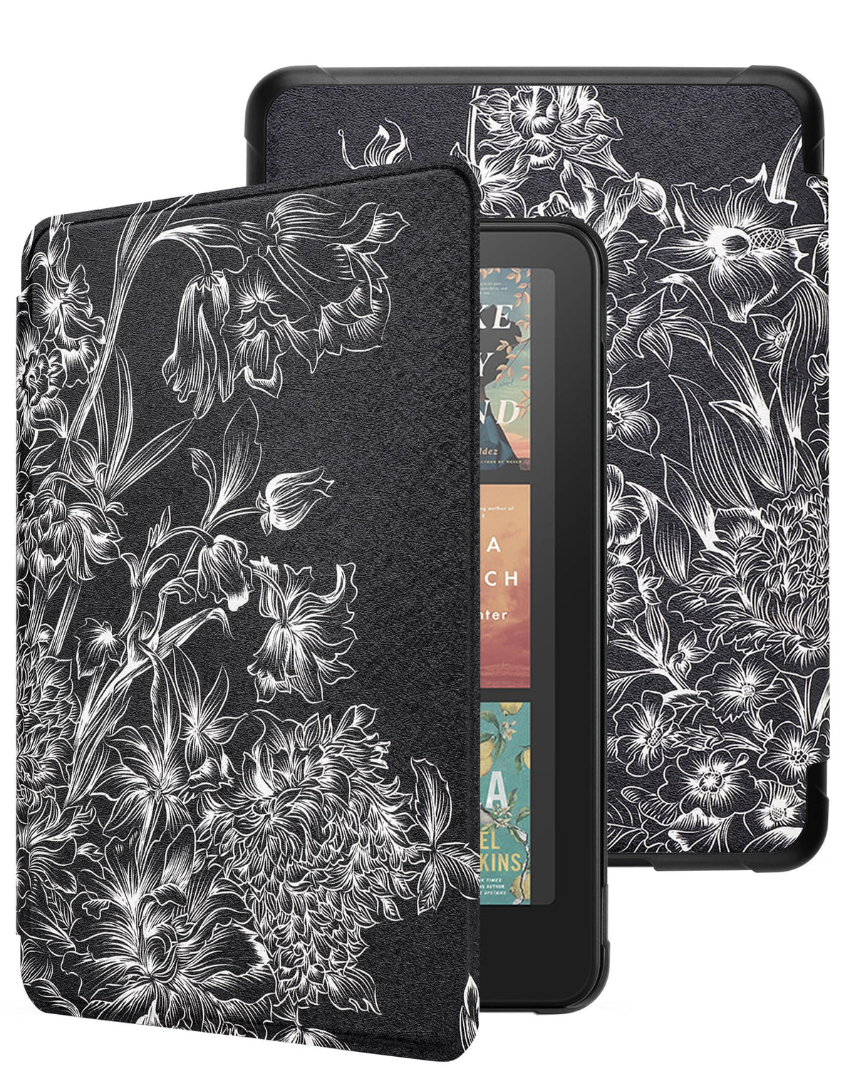 WALNEW Case for 7" All-New Kindle Paperwhite 12th Gen 2024 and Kindle Colorsoft Signature Edition, Premium PU Leather Protective Cover for Kindle Paperwhite with Auto Wake/Sleep (Black Flowers)