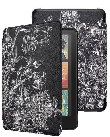 WALNEW Case for 7" All-New Kindle Paperwhite 12th Gen 2024 and Kindle Colorsoft Signature Edition, Premium PU Leather Protective Cover for Kindle Paperwhite with Auto Wake/Sleep (Black Flowers)