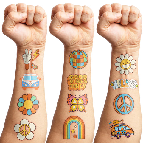 96PCS Groovy 70s Temporary Tattoos Birthday Party Decorations Favors Flower Power Good Vibes Retro Cute Tattoos Sticker Gift for Kids Boys and Girls, Prizes Themed Baby Shower Supplies