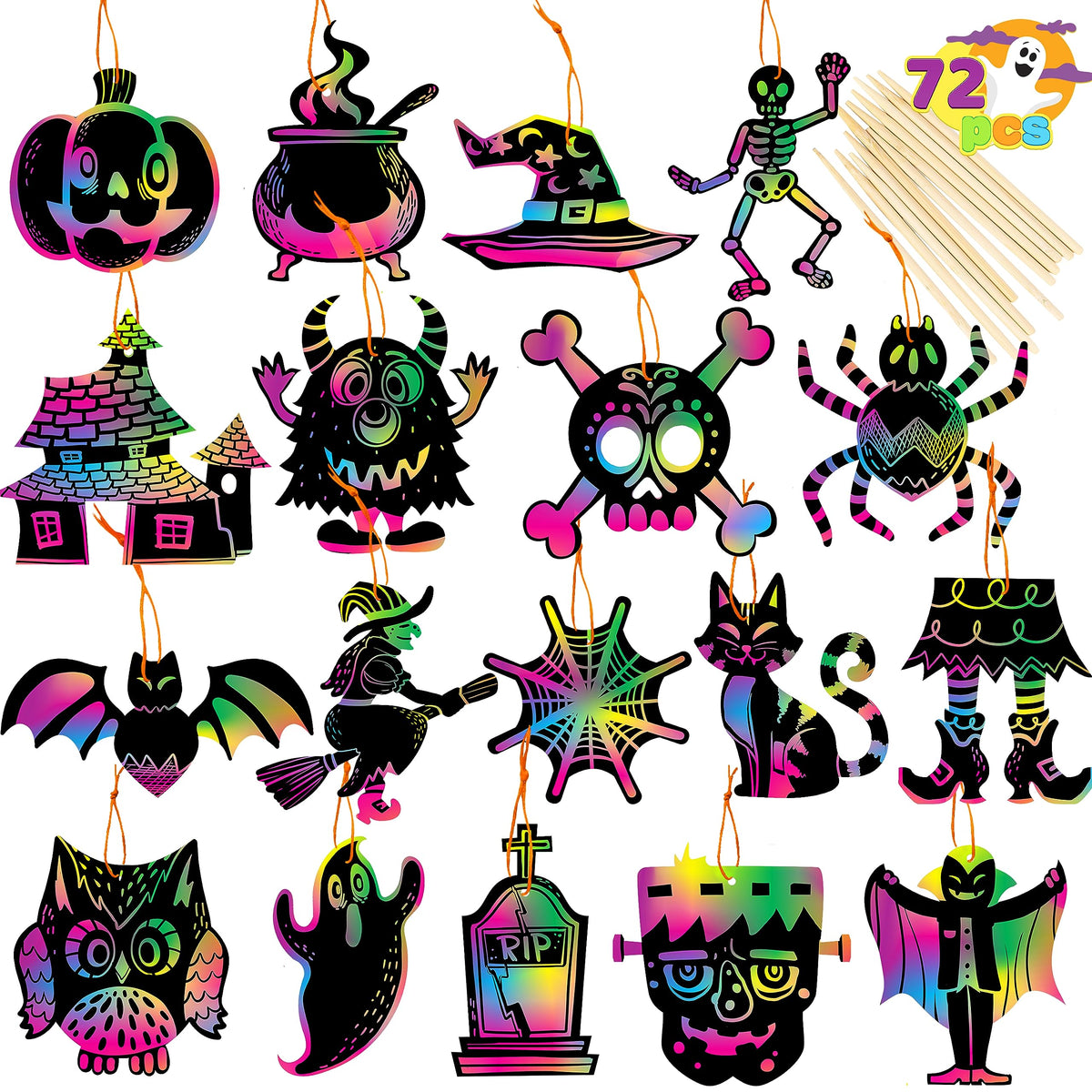 JOYIN 72 Pcs Halloween Crafts for Kids, Halloween Scratch with 18 Designs for Arts and Crafts, Activity Book, Trick-or-Treating, Halloween Party Favors, Halloween Event Party Supplies
