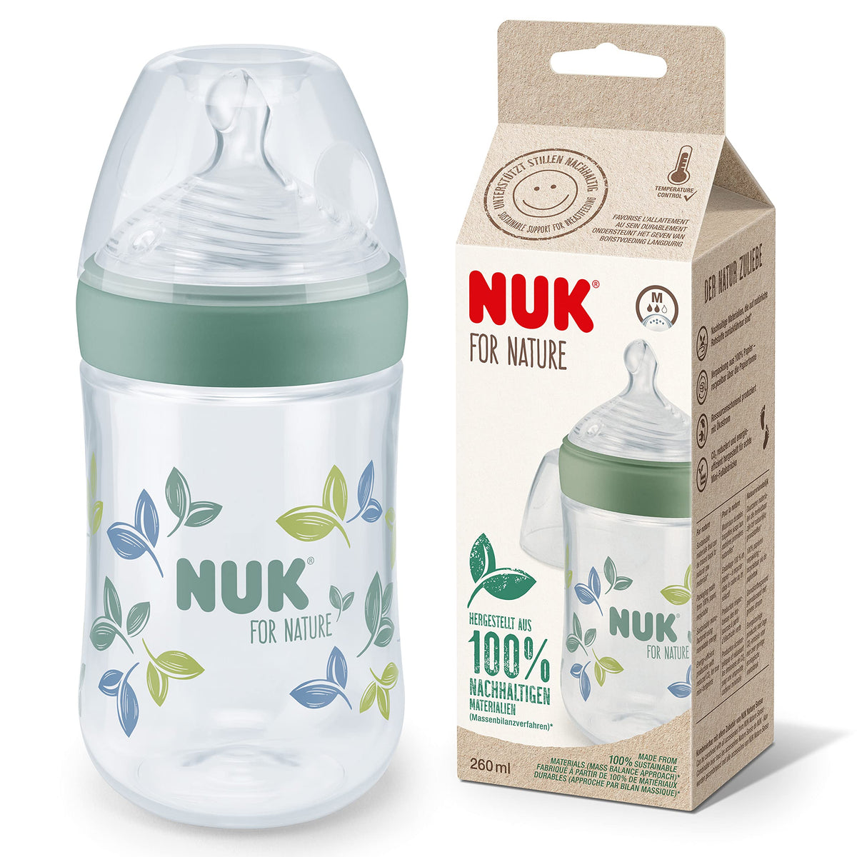 NUK for Nature Baby Bottle, Medium Teat, 260 ml, Breast-Like Sustainable Silicone Teat with Anti Colic Vent, Temperature Control, BPA-Free, Green
