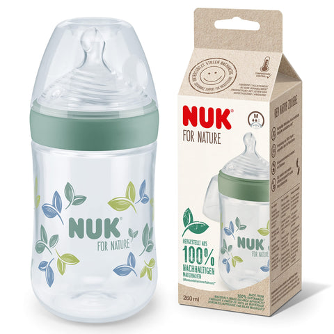 NUK for Nature Baby Bottle, Medium Teat, 260 ml, Breast-Like Sustainable Silicone Teat with Anti Colic Vent, Temperature Control, BPA-Free, Green