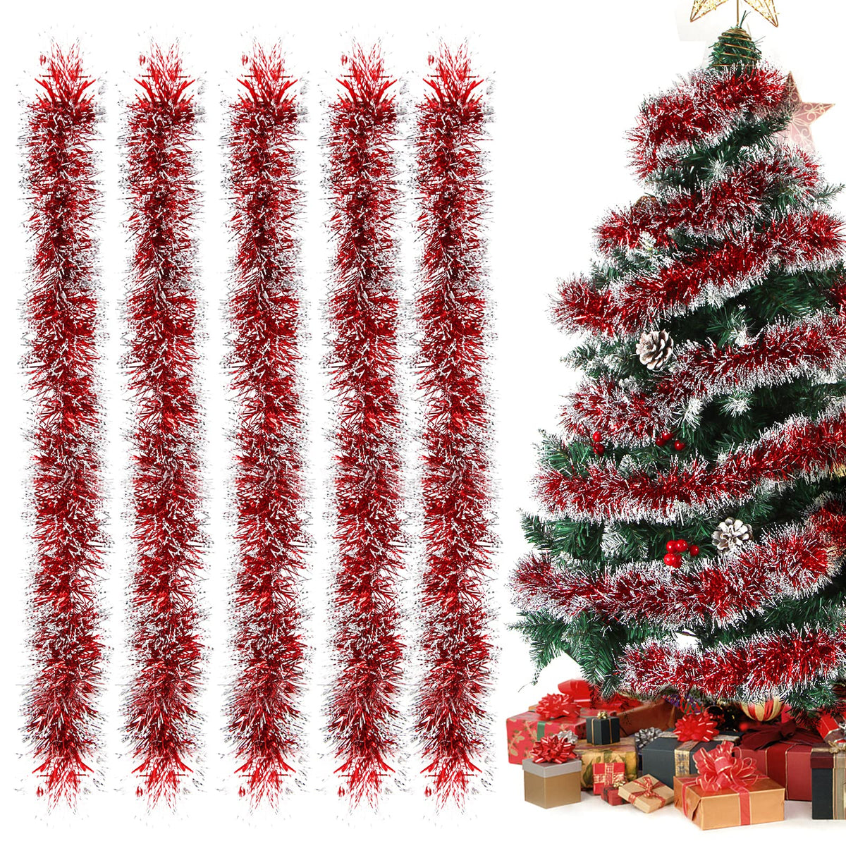 Aurasky Gerlande Christmas Red, Pack of 5 Tinsel Garland, Christmas Tree Garland, Shiny Christmas Tree Decoration, Christmas Tree Decoration Garlands
