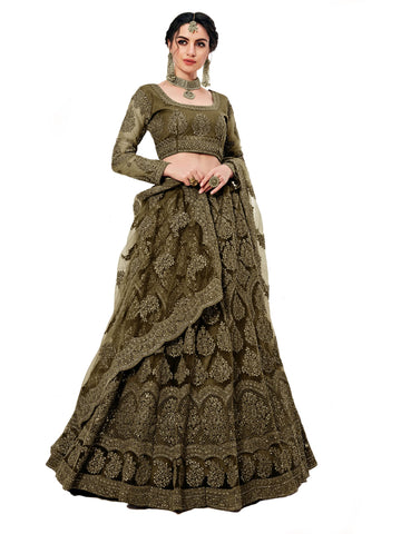 PATLANI Letest Design chain embroderied with Stone Work Woman s Flered Lehenga choli.Mehendi (Semi Stitched)