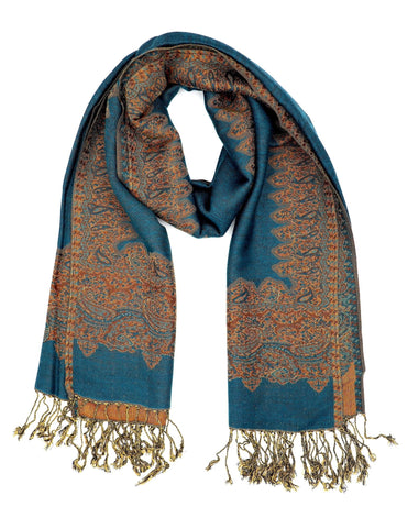 Achillea Luxurious Double Layered Jacquard Big Paisley Pashmina Shawl Wrap Scarf (Teal Border)