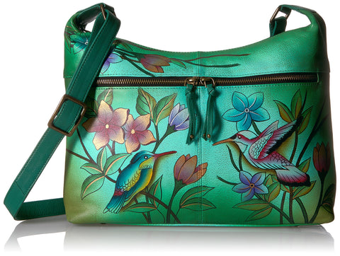 Anna by Anuschka Women's Leather Medium Shoulder Hobo Top Organizer with Side-Zip Pockets, Birds in Paradise Green, M
