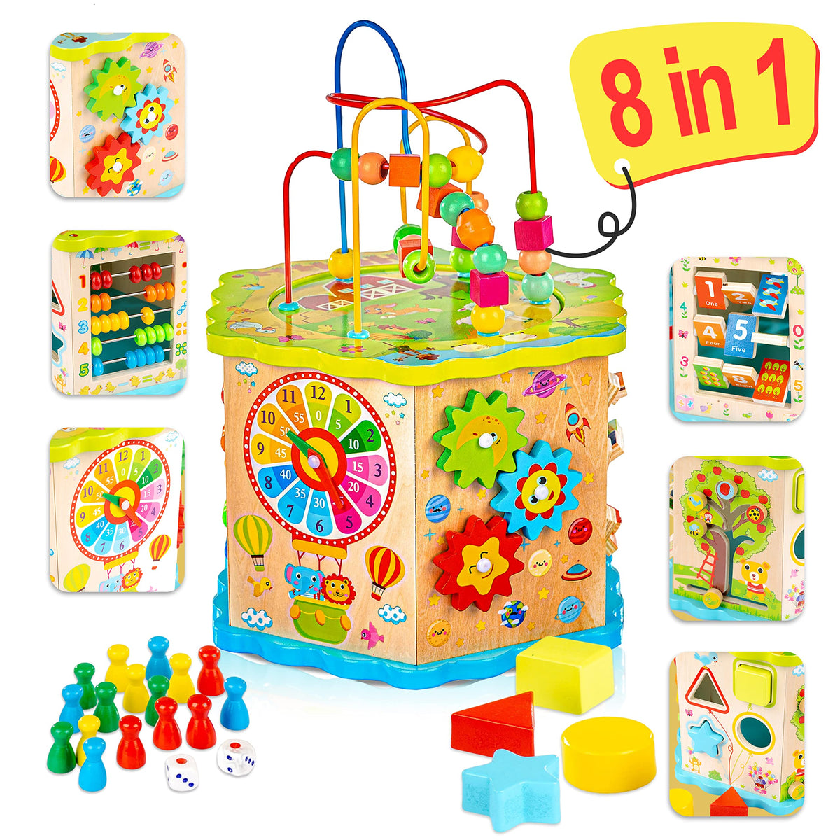 Green series Wooden Activity Cube - 8 Educational toys for Baby | Educational Wooden Toys for 1 year old | Montessori Toys | Bead Maze | model GS1105