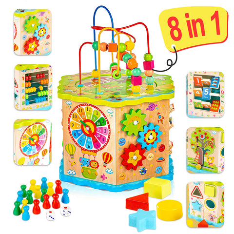 Green series Wooden Activity Cube - 8 Educational toys for Baby | Educational Wooden Toys for 1 year old | Montessori Toys | Bead Maze | model GS1105