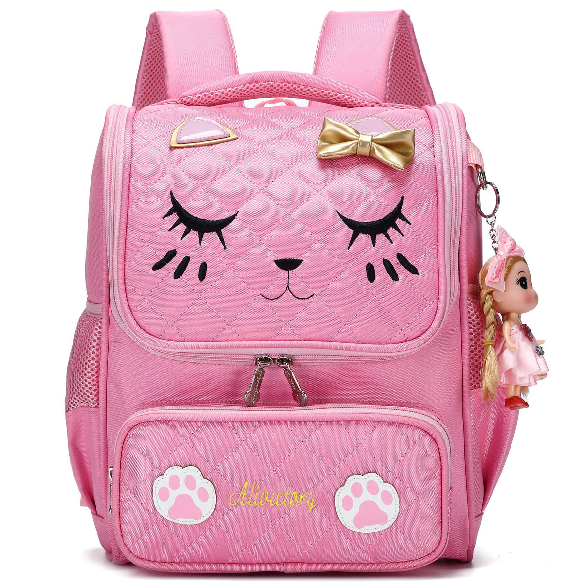 LIGUL Schoolbag Series Girls School Backpack for Primary School Cute Cat Embroidery Book Bags for Kids (Pink, L)