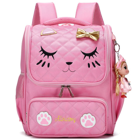 LIGUL Schoolbag Series Girls School Backpack for Primary School Cute Cat Embroidery Book Bags for Kids (Pink, L)