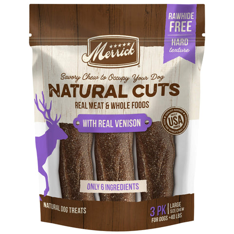 Merrick Natural Cuts Rawhide Free Dog Treats, Hard Texture Dog Chew with Real Venison for Large Dogs - (6) 3 ct. Pouches