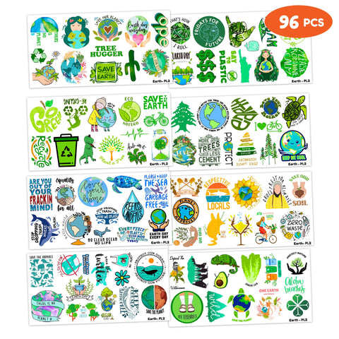 (96 PCS) Earth Day Eco Green Save Planet Temporary Tattoos Birthday Themed Party Supplies Decorations Favors Cute Environmental Protection Stickers Tattoo Gifts for Kids Girls Boys Decor Class Reward