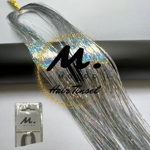 MOSCO 47 Inches Hair Tinsel with 240 Strand Girls Shinning Glitter Colored Hair Extensions Tinsel Festival Hairs for women (Silver)