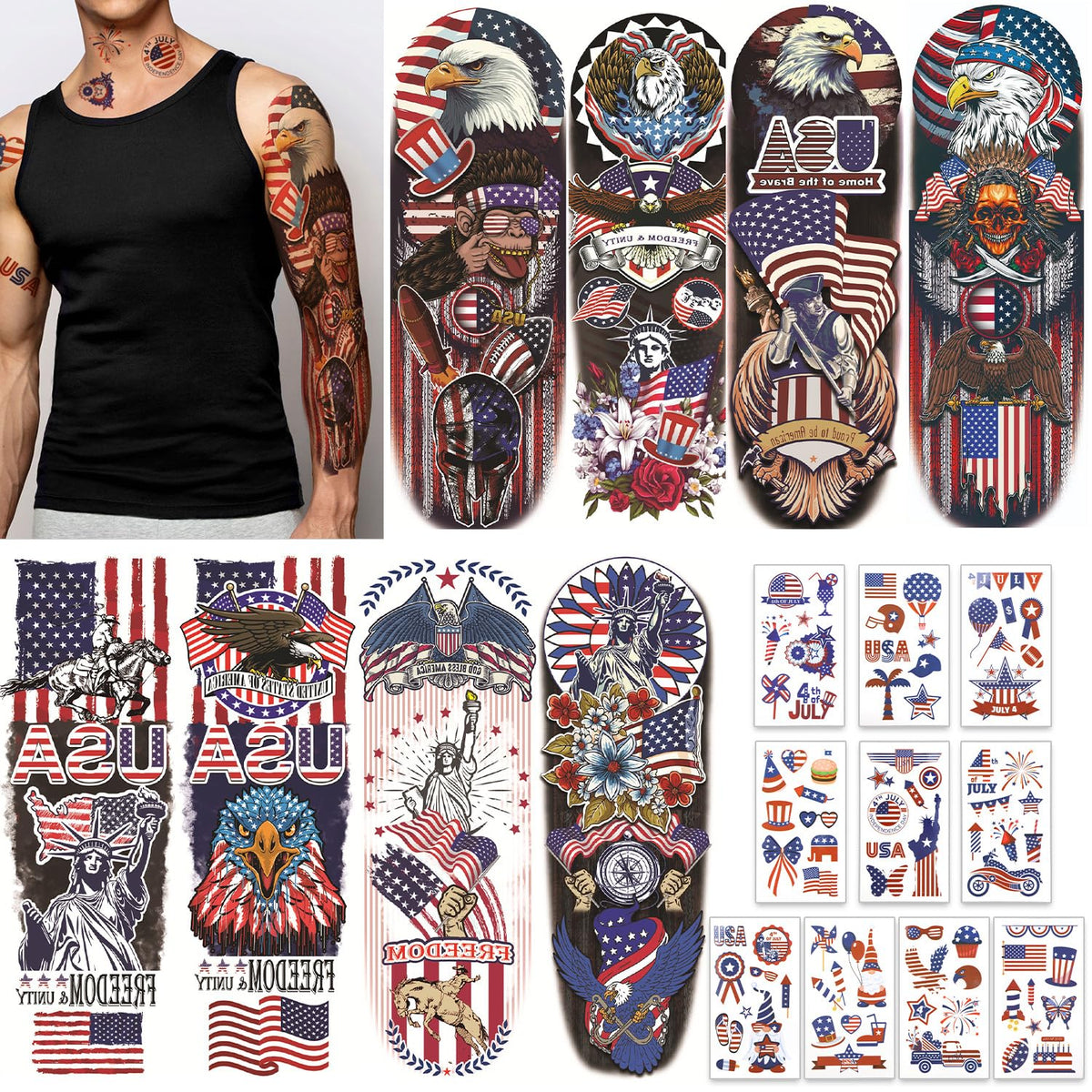 HOWAF 88pcs 4th of July Temporary Tattoos Set, Independence Day Full Arm Face Tattoos USA Flag Face Tattoos Sleeve Tattoo Stickers for Men Women Fourth of July Party Parade Supplies Patriotic Decor