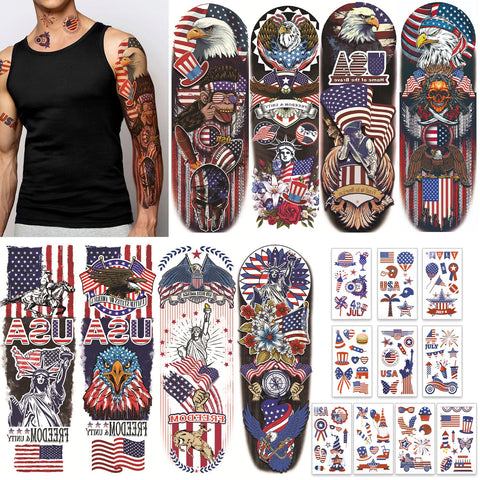 HOWAF 88pcs 4th of July Temporary Tattoos Set, Independence Day Full Arm Face Tattoos USA Flag Face Tattoos Sleeve Tattoo Stickers for Men Women Fourth of July Party Parade Supplies Patriotic Decor
