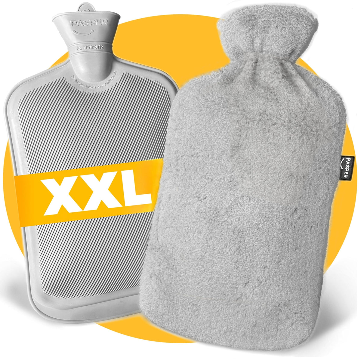 XXL Hot Water Bottle with Cover UK Extra Large 3.5L - Pasper - Fluffy Soft Grey Cover - Pain Relief Period, Neck and Shoulder - for Babies, Children and Adults