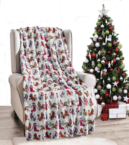 Elegant Comfort Luxury Velvet Super Soft Christmas Prints Fleece Blanket-Holiday Theme Home DÃ©cor Fuzzy Warm and Cozy Throws for Winter Bedding, Couch and Gift, 50 x 60 inch, White Christmas Cats