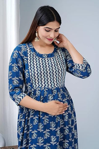 Jikonet Women's Maternity Dress Feeding Kurti with Zippers, Side Pocket (325) (Small, Blue)