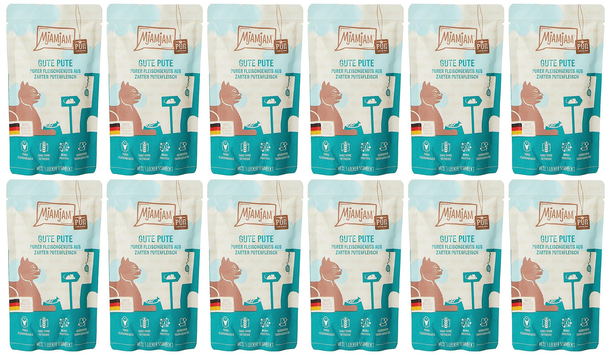 MjAMjAM - premium wet food for cats - Quetschie - pure meat enjoyment - good pure turkey, pack of 12 (12 x 125 g), grain-free with extra meat