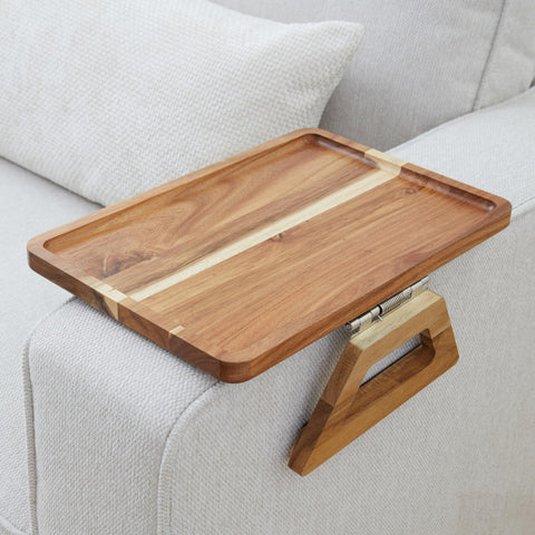 Shamrock Home Acacia Wood Trayble Couch Arm Table, Clip On Tray Sofa Table for Couches. Sofa Arm Tray, Armchair Table for TV Dinners, Remotes, Drinks and Snacks - 13.75 x 9.5inch, Light