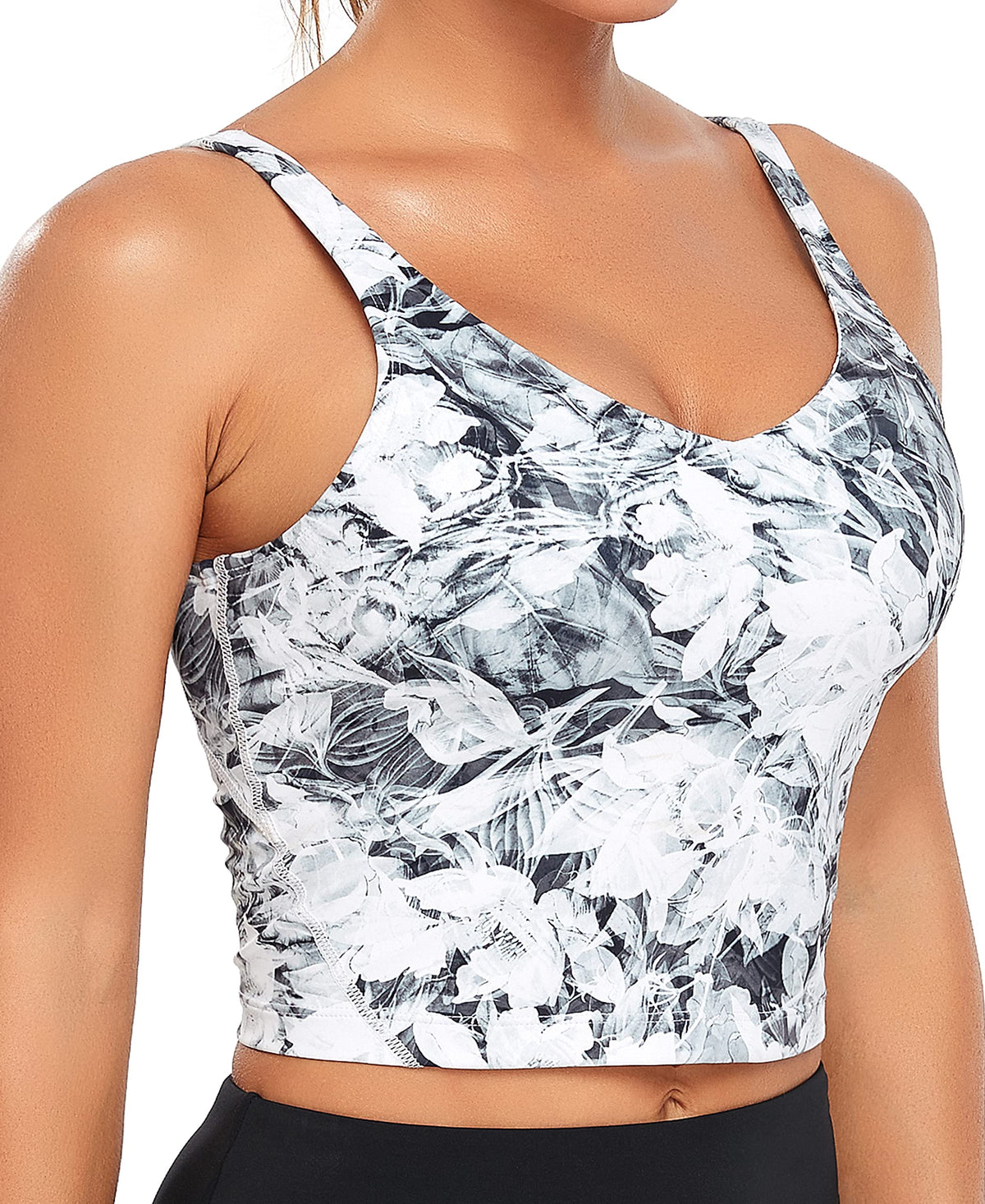 Oalka Sports Bra Womens Longline Padded Crop Tank Yoga Bras Workout Fitness Top Heart Floral Leaf White S