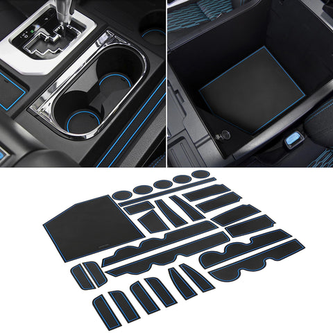 SENSHINE Custom Liners for Toyota Tundra Accessories 2014-2020 2021 Cup Holder Inserts, Center Console Liner Mats, Door Pocket Liners 27Pcs (Bucket Seat, Blue Trim)