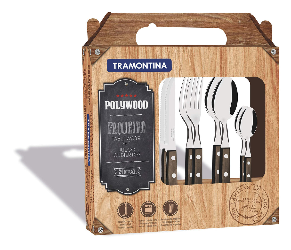 Tramontina Cutlery Set with Steak Knives, 24 Piece Sharp Knife, Forks, Teaspoons, Tablespoons with Wooden Handles, Camping, Kitchen, Rustic, Dishwasher Safe, 21199905