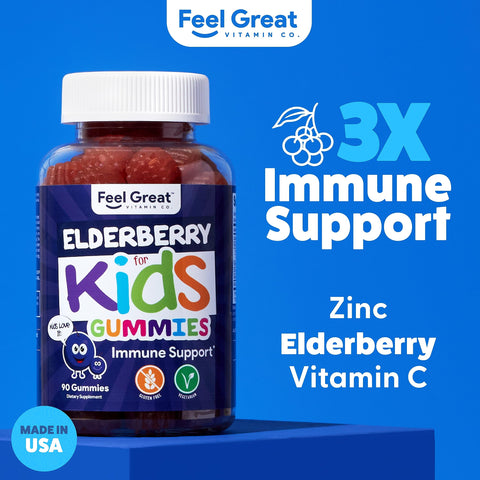 Feel Great Kids Elderberry Gummies with Zinc and Vitamin C | Kids Immune Support Sambucus Elderberry Gummies | Berry Flavored Vegan Kids Multivitamins | 90 Day Supply