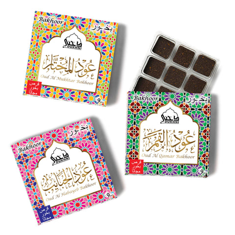 Oud Al Mukhtar, Oud Al Qamar, Oud Al Habayeb Bakhoor ??? ???? by Dukhni | 3 x 9 Piece each | Assorted Arabic Bakhoor Incense | Perfect to Relax, Meditate & Pray | Rich, Luxurious, Long Lasting