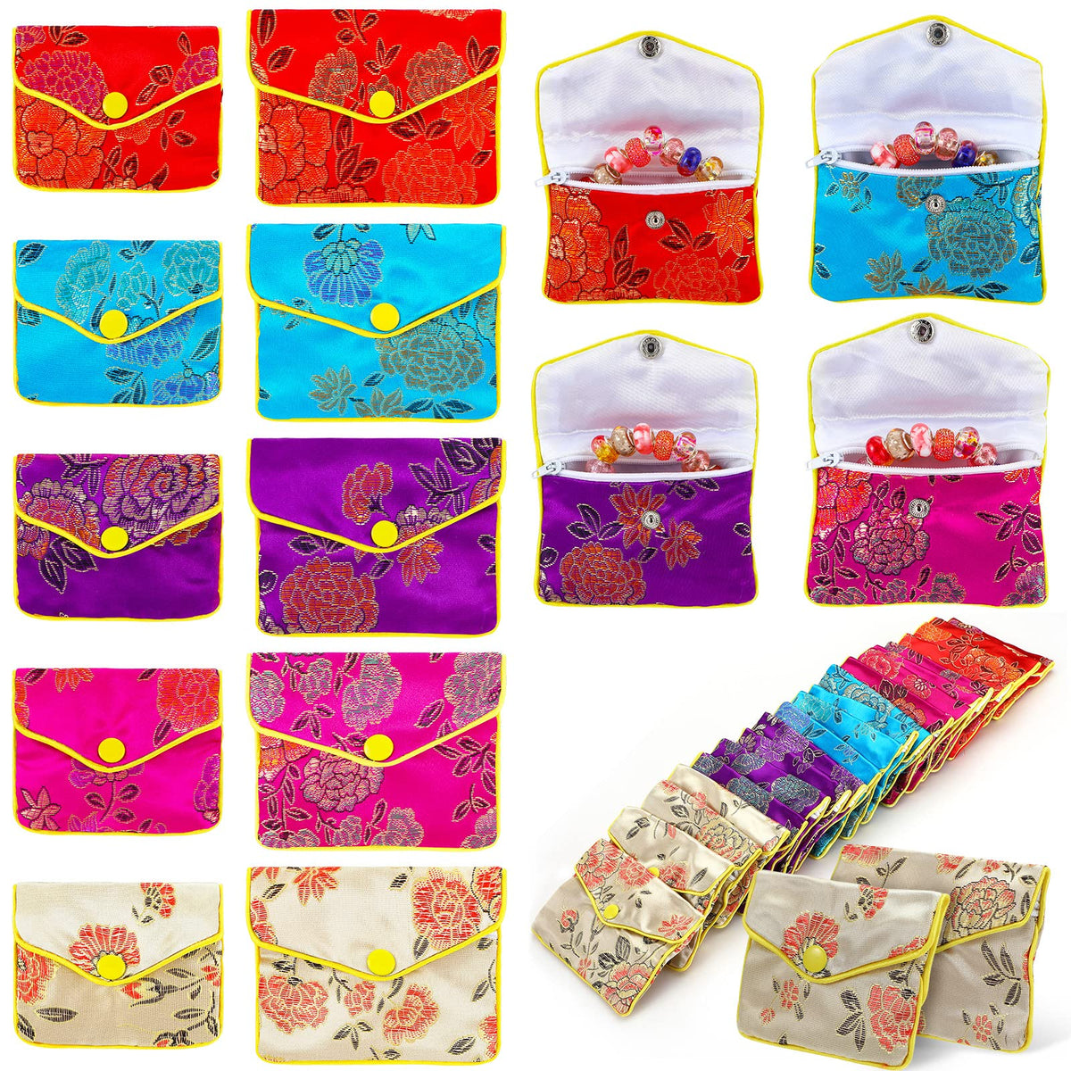 90 Pcs Jewelry Silk Purse Brocade Gift Pouch Chinese Silk Style Pouch Jewelry Pouch Multiple Colors for Women Girls Necklaces Earrings Bracelets Coin, Small & Medium