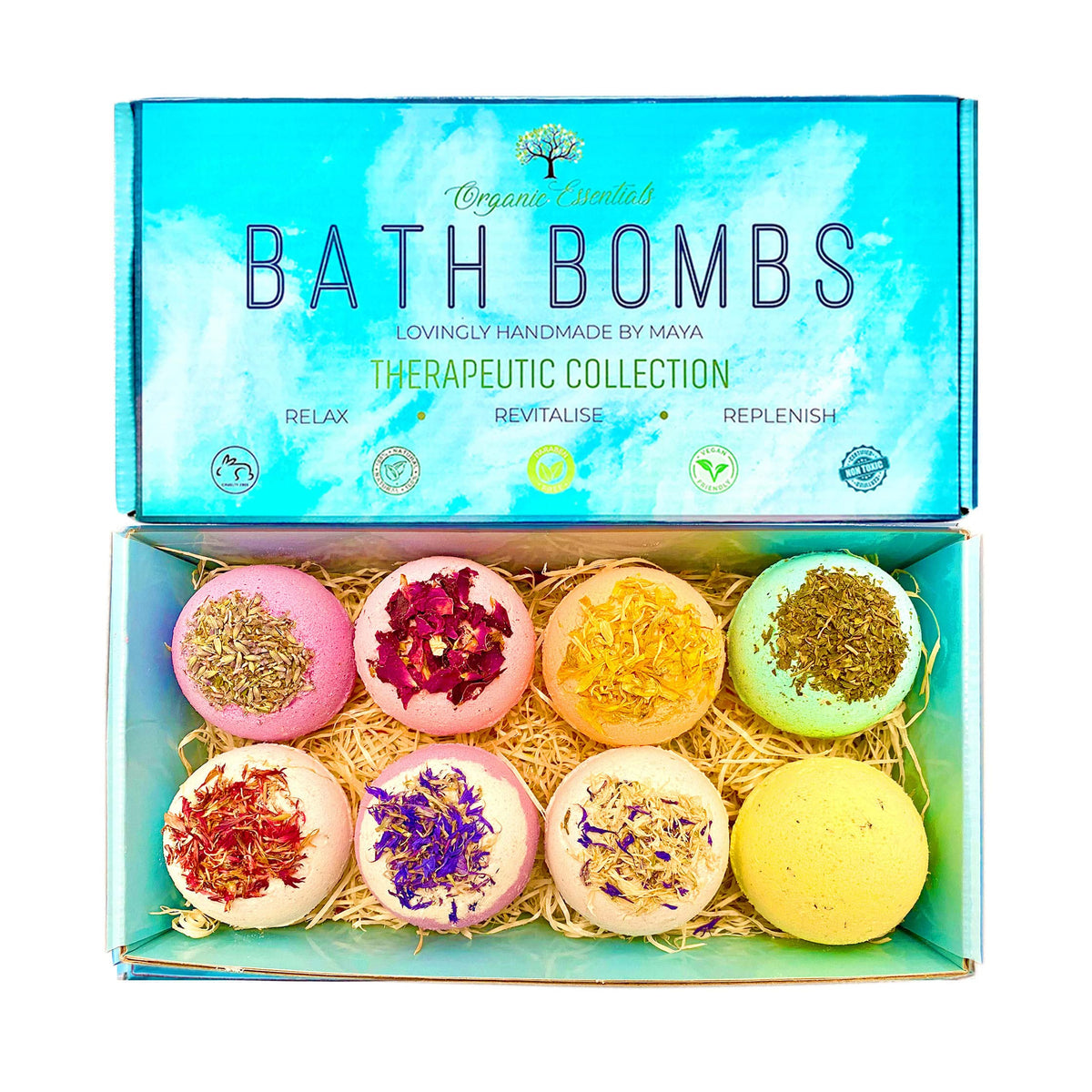 Therapeutic Organic Bath Bomb Gift Set, Natural Essential Oils Enriched with Organic Coconut Oil, Cocoa Butter, 8 Large Handmade Aromatherapy Bath Fizzies, Made in UK