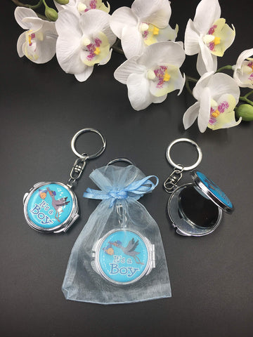 12 New Baby Shower Blue Boy Stork Design Mirror Keychain Party Favor Set With Organza Bag